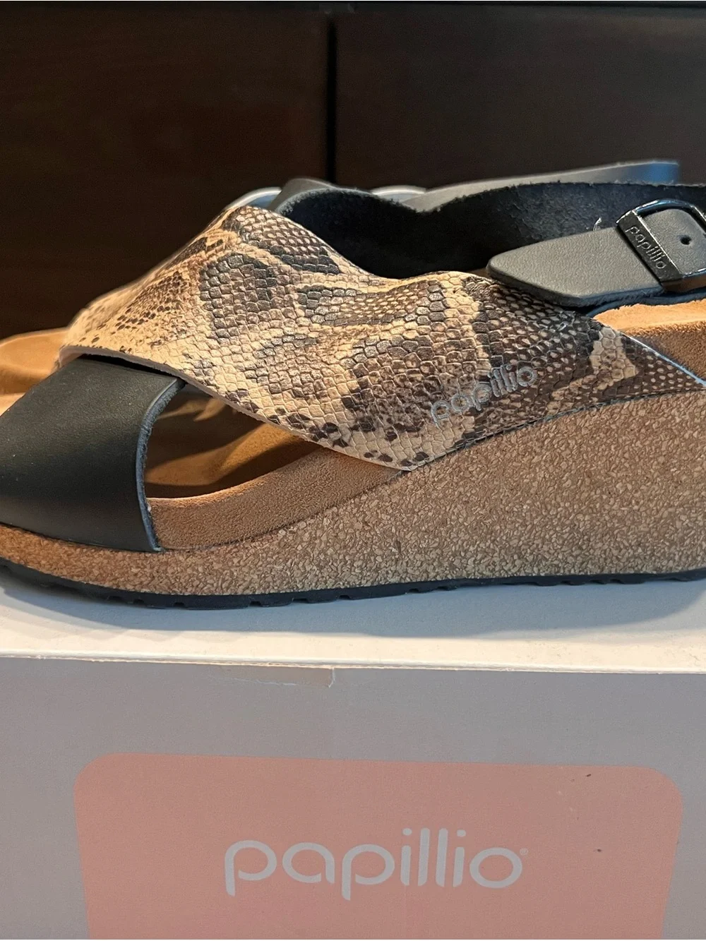 Papillo by Birkenstock Samira Wedge Sandals Black Snake Beige Leather EU 39 US 8